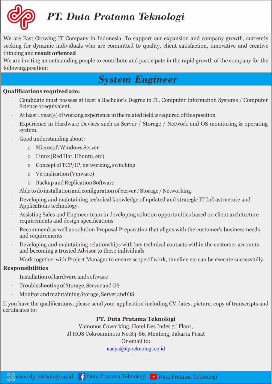Informasi Lowongan Pekerjaan System Engineer PT. Duta Pratama Teknologi