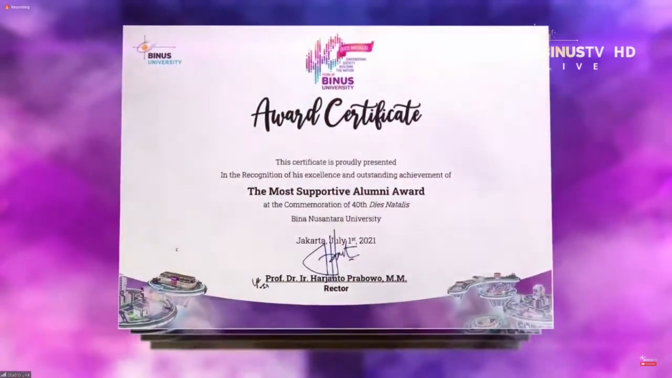 The Most Supportive Alumni Award - Dies Natalis BINUS 40th